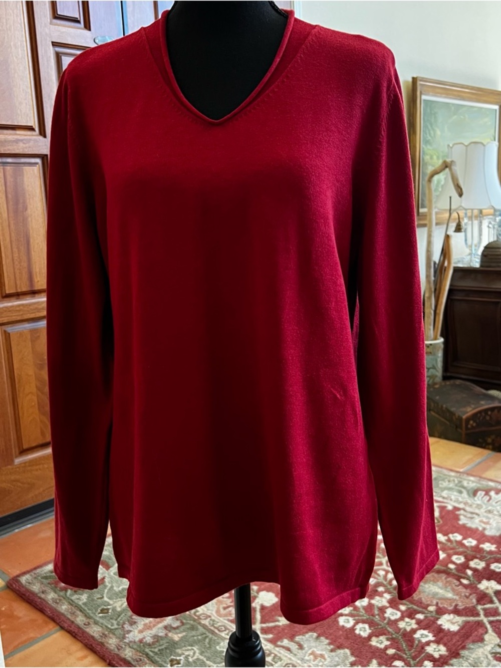 J. Jill Womens Pullover Sweater Red Long Sleeve V Neck Tight Knit Slit Comfy M